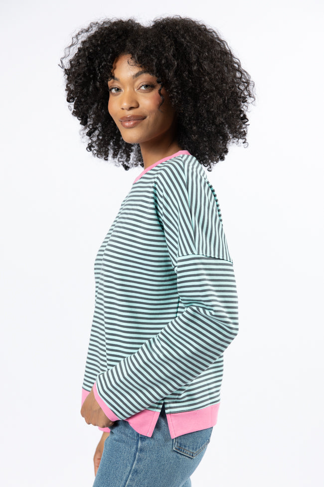 Think On It Pink, Navy, and Charcoal Striped Contrast Trim Pullover FINAL SALE-Sunny Prom