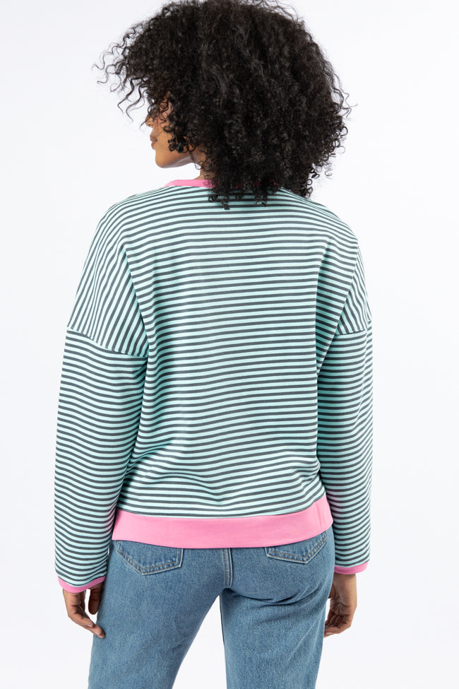 Think On It Pink, Navy, and Charcoal Striped Contrast Trim Pullover FINAL SALE-Sunny Prom
