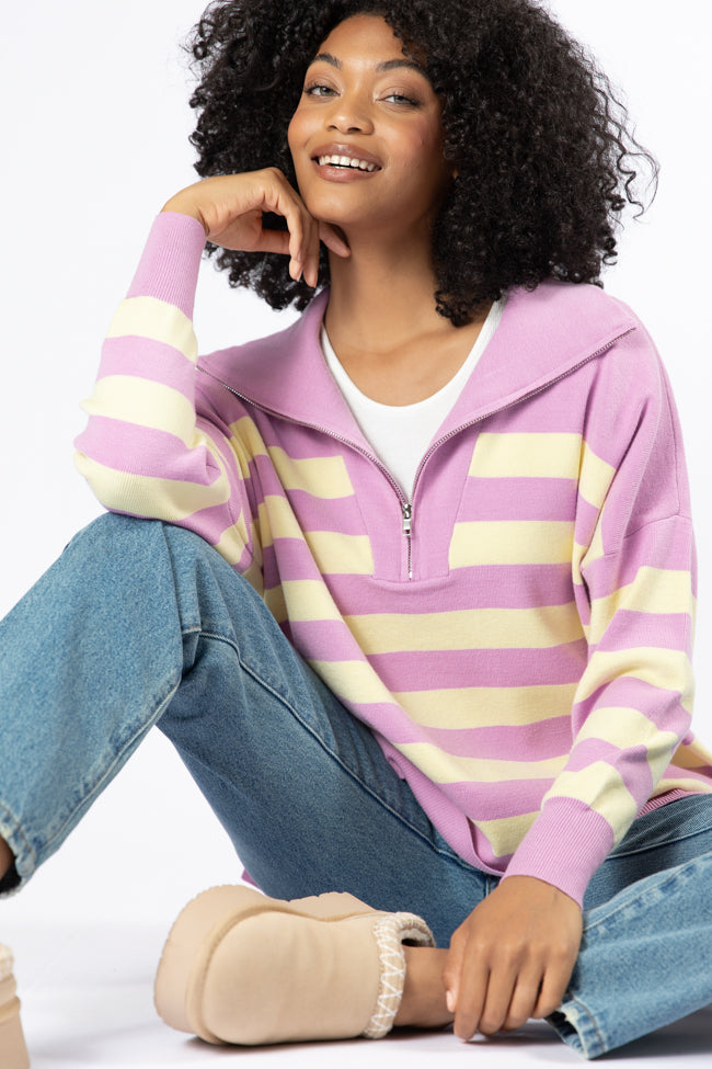 Pulling Heartstrings Purple And Yellow Striped Quarter Zip Pullover FINAL SALE-Sunny Prom