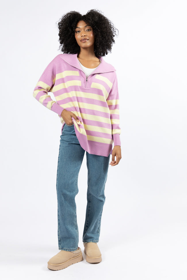 Pulling Heartstrings Purple And Yellow Striped Quarter Zip Pullover FINAL SALE-Sunny Prom