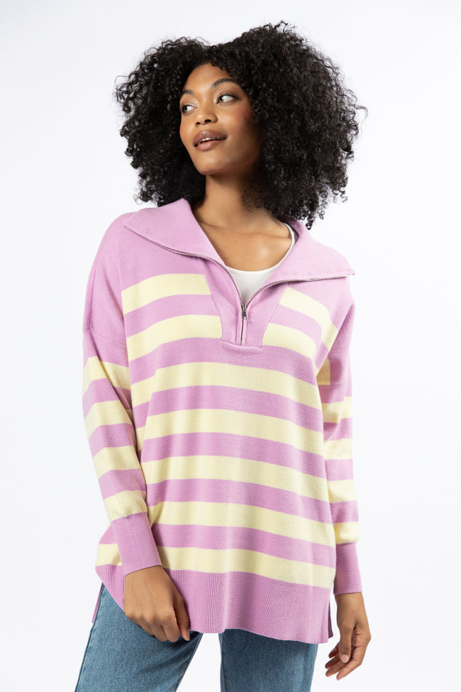Pulling Heartstrings Purple And Yellow Striped Quarter Zip Pullover FINAL SALE-Sunny Prom