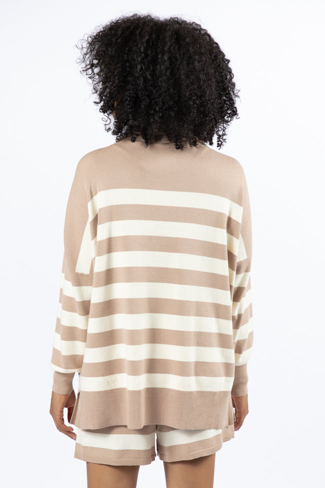Pulling Heartstrings Taupe And Cream Striped Quarter Zip Pullover FINAL SALE-Sunny Prom