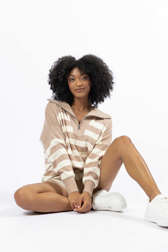 Pulling Heartstrings Taupe And Cream Striped Quarter Zip Pullover FINAL SALE-Sunny Prom
