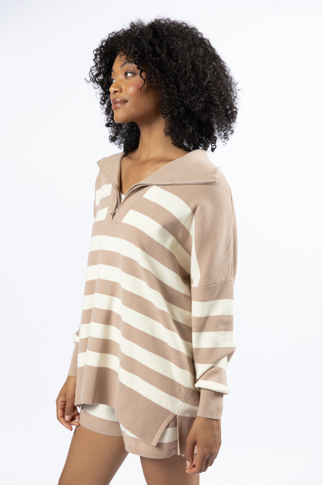 Pulling Heartstrings Taupe And Cream Striped Quarter Zip Pullover FINAL SALE-Sunny Prom