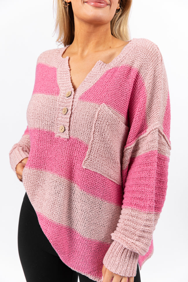 Know You Best Pink Oversized Striped Henley Sweater-Sunny Prom