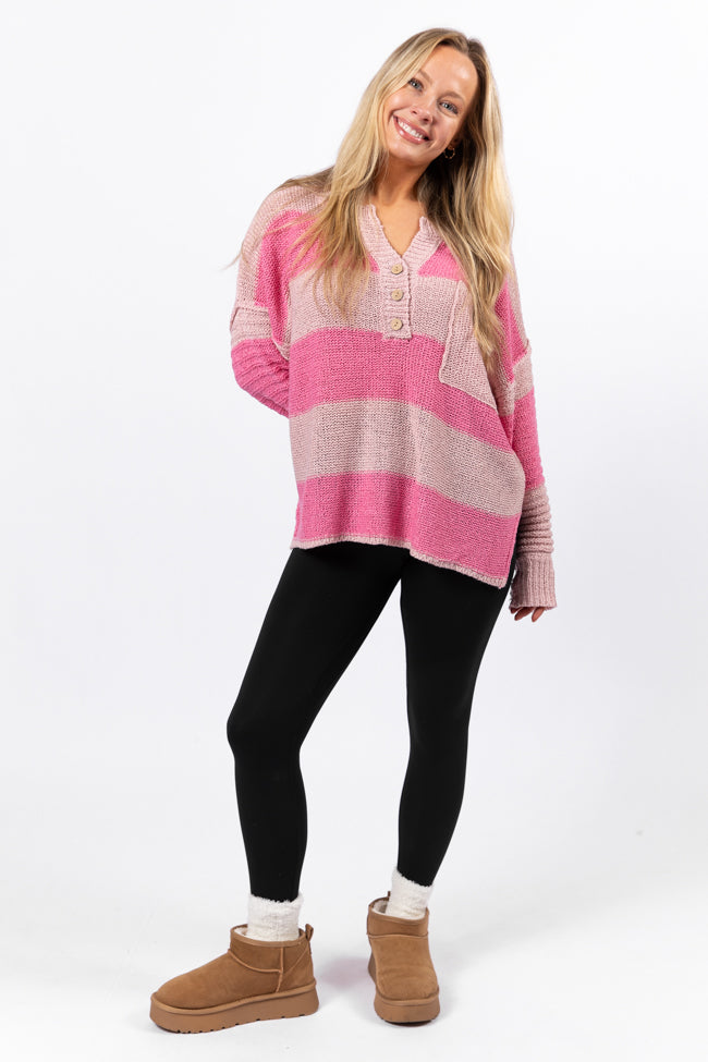 Know You Best Pink Oversized Striped Henley Sweater-Sunny Prom