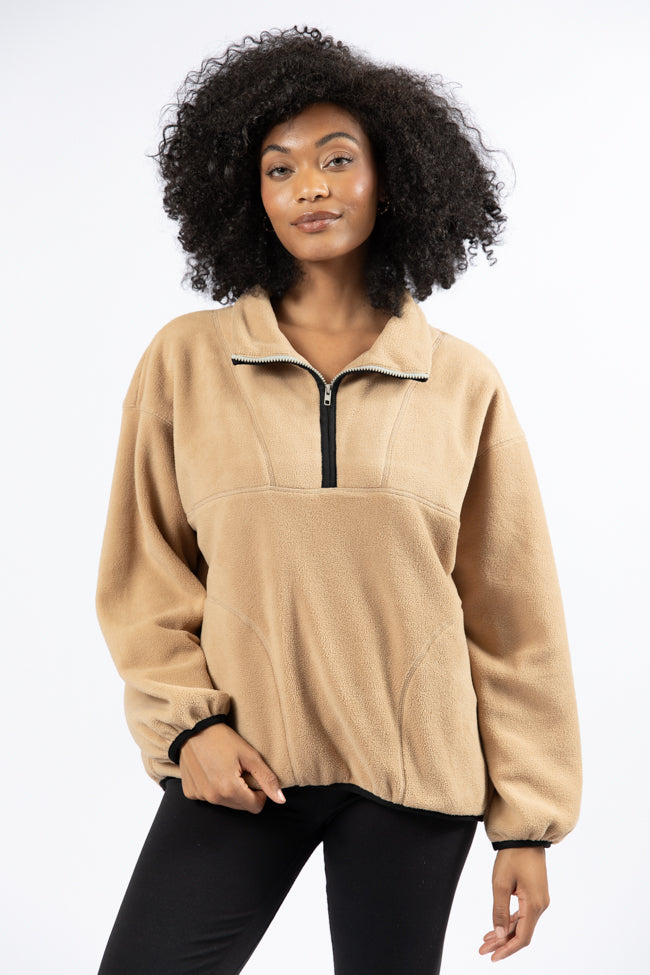 Outside The Box Beige Contrast Trim Fleece Pullover FINAL SALE-Sunny Prom