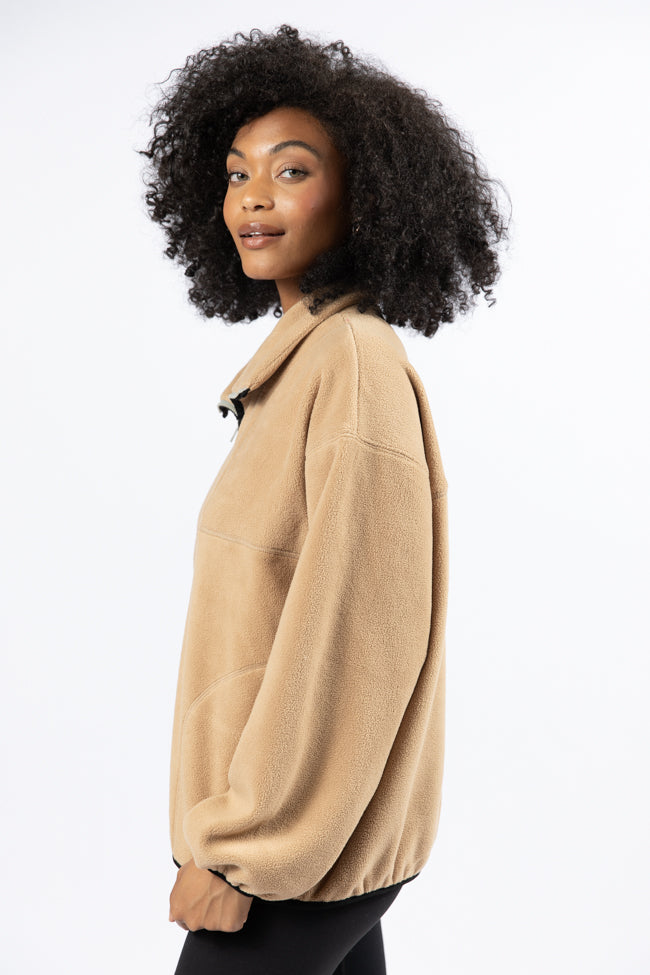 Outside The Box Beige Contrast Trim Fleece Pullover FINAL SALE-Sunny Prom
