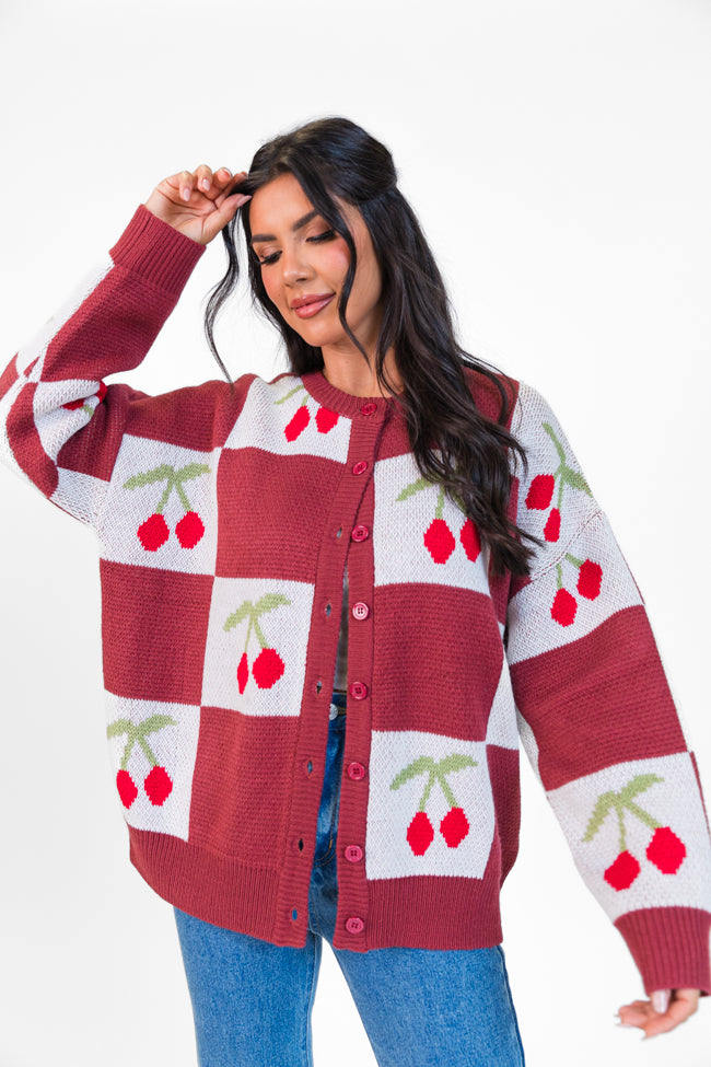 Cherry Much In Love Brick and White Multi Checkered Cardigan FINAL SALE-Sunny Prom