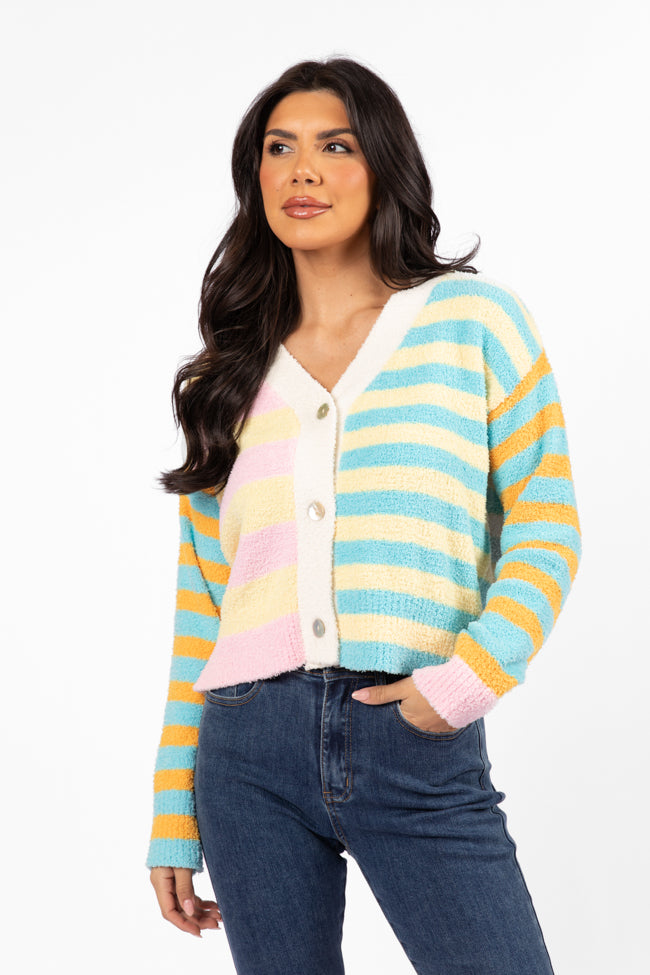 Check It Out Yellow, Blue, and Pink Fuzzy Cardigan SALE-Sunny Prom