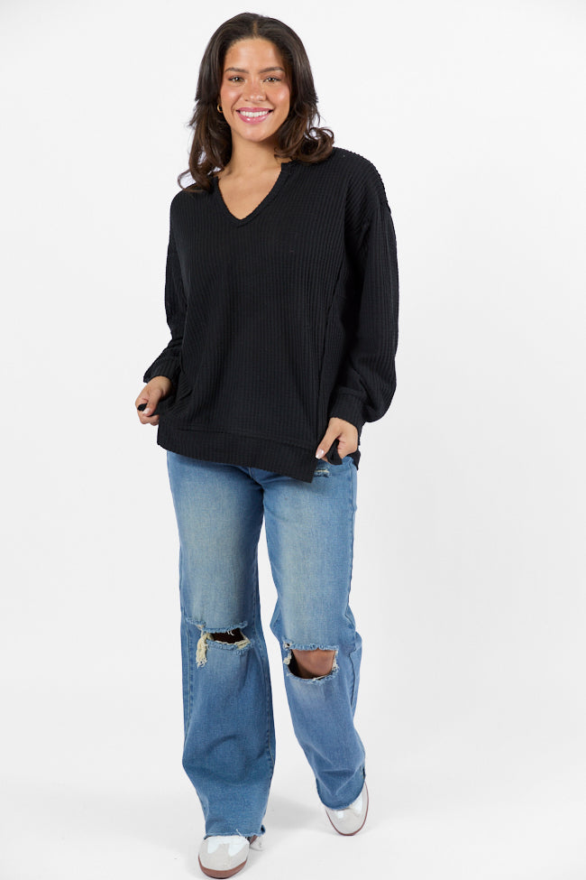 Reasonable Assumption Black Brushed Waffle Knit Oversized Top FINAL SALE-Sunny Prom