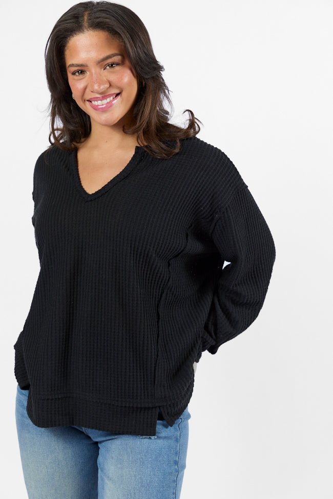 Reasonable Assumption Black Brushed Waffle Knit Oversized Top FINAL SALE-Sunny Prom