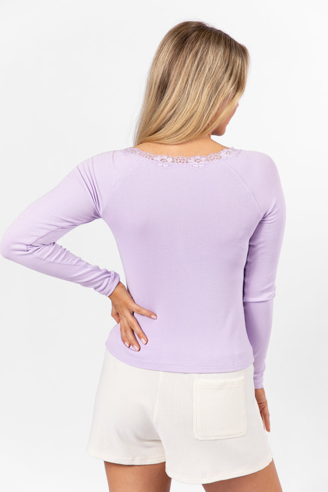 Make Your Choice Lilac Ribbed Lace Trim Henley Long Sleeve Tee FINAL SALE-Sunny Prom