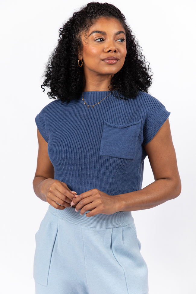 The One I Want Navy Short Sleeve Pocketed Sweater FINAL SALE-Sunny Prom