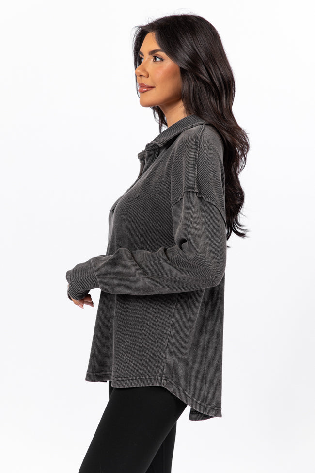 Leaf Your Worries Black Acid Washed Waffle Collared Top-Sunny Prom