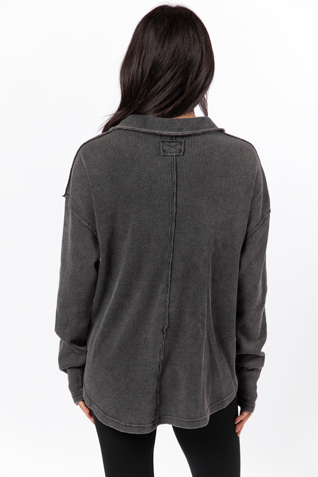 Leaf Your Worries Black Acid Washed Waffle Collared Top-Sunny Prom