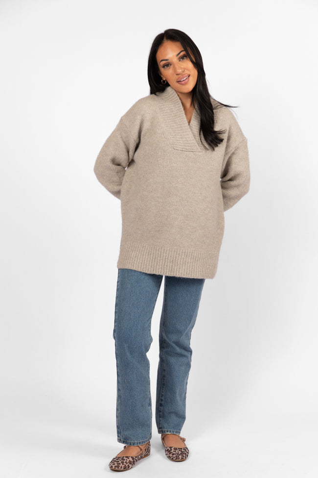 Relax Oatmeal Slouchy V-Neck Sweater FINAL SALE-Sunny Prom