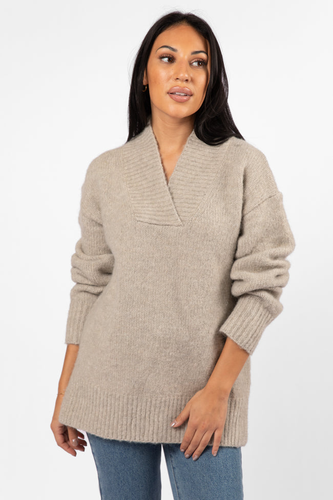 Relax Oatmeal Slouchy V-Neck Sweater FINAL SALE-Sunny Prom