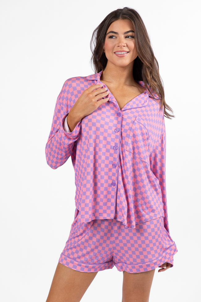Good To Get Away Light Pink and Lilac Checkered Long Sleeve Pajama Top FINAL SALE-Sunny Prom
