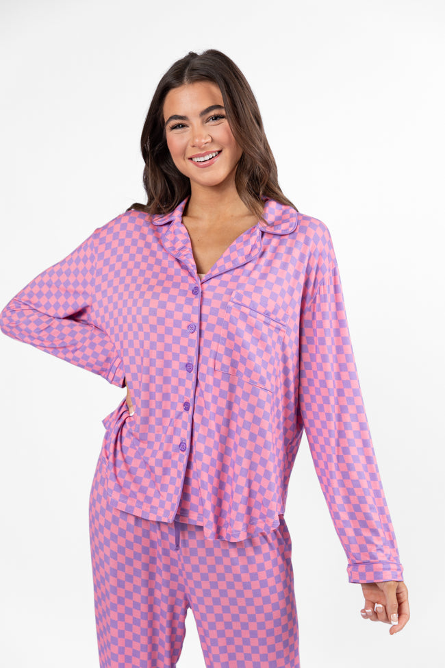 Good To Get Away Light Pink and Lilac Checkered Long Sleeve Pajama Top FINAL SALE-Sunny Prom