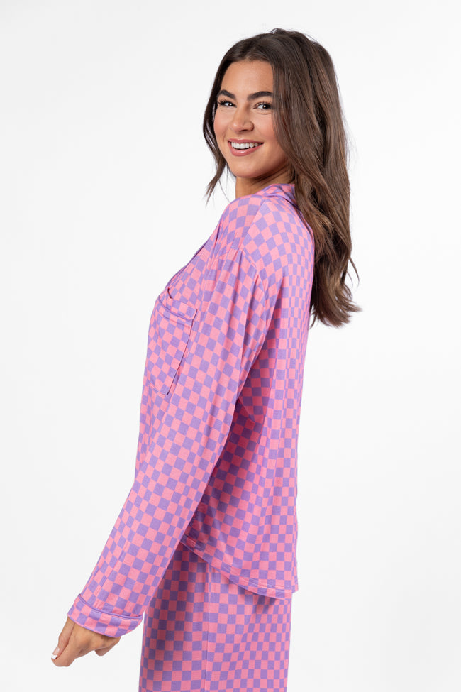 Good To Get Away Light Pink and Lilac Checkered Long Sleeve Pajama Top FINAL SALE-Sunny Prom