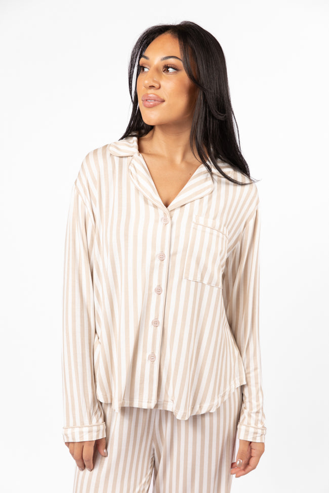 Good To Get Away Neutral Stripe Long Sleeve Pajama Top FINAL SALE-Sunny Prom
