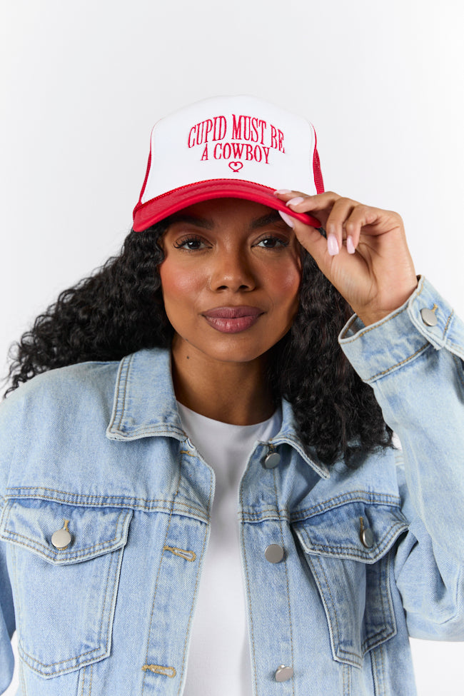 Cupid Must Be A Cowboy Red and White Trucker Hat FINAL SALE-Sunny Prom