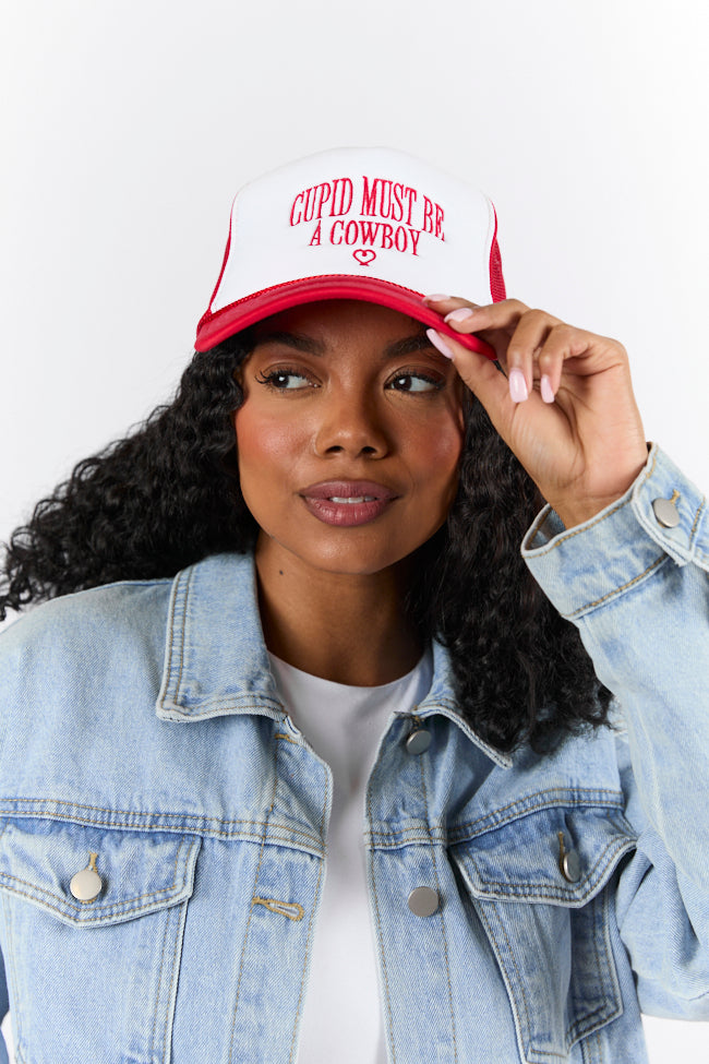 Cupid Must Be A Cowboy Red and White Trucker Hat FINAL SALE-Sunny Prom