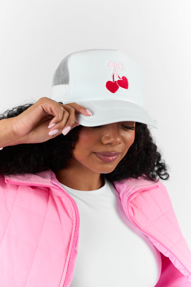 Bow Cherries White Trucker Hat FINAL SALE-Sunny Prom
