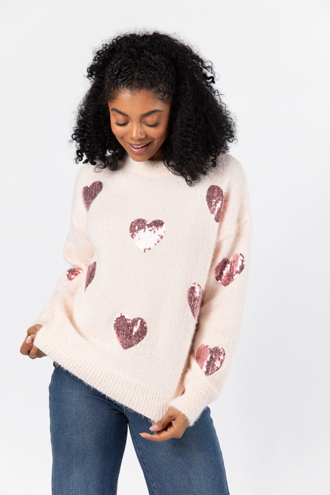 True Romance Blush Sequin Heart Sweater FINAL SALE-Sunny Prom