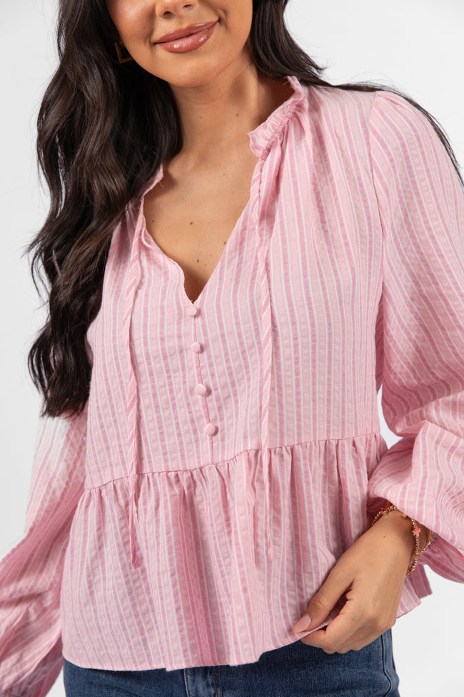 Oh My Darling Pink Stripe Notched Neckline Button Detail Peplum Blouse FINAL SALE-Sunny Prom
