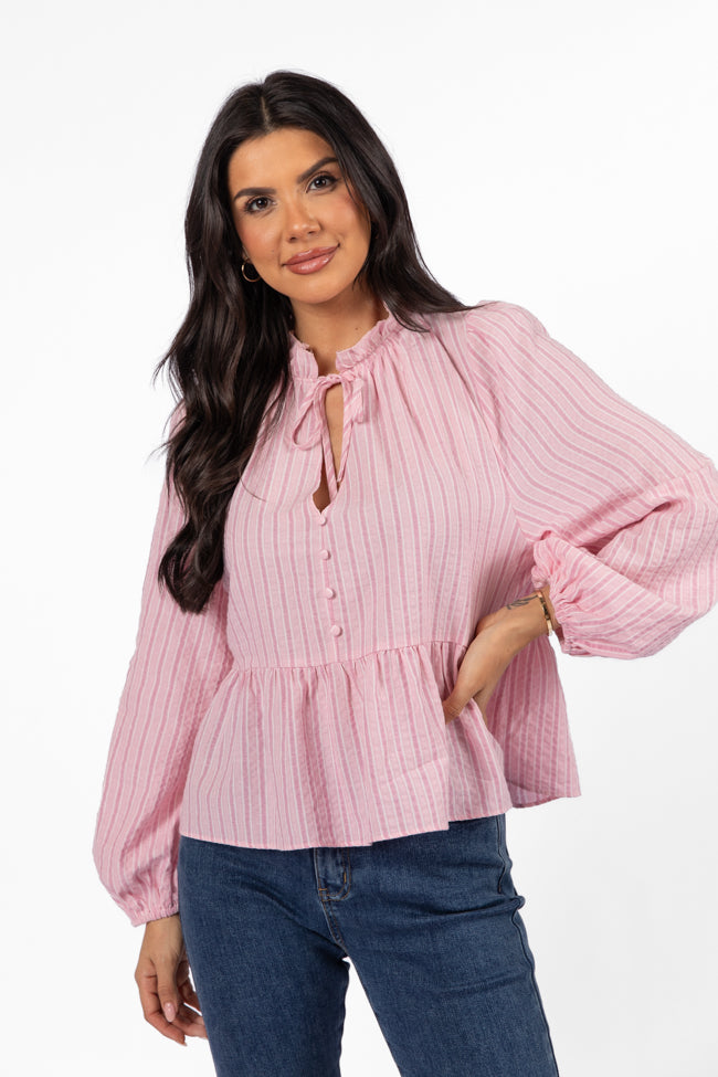 Oh My Darling Pink Stripe Notched Neckline Button Detail Peplum Blouse FINAL SALE-Sunny Prom