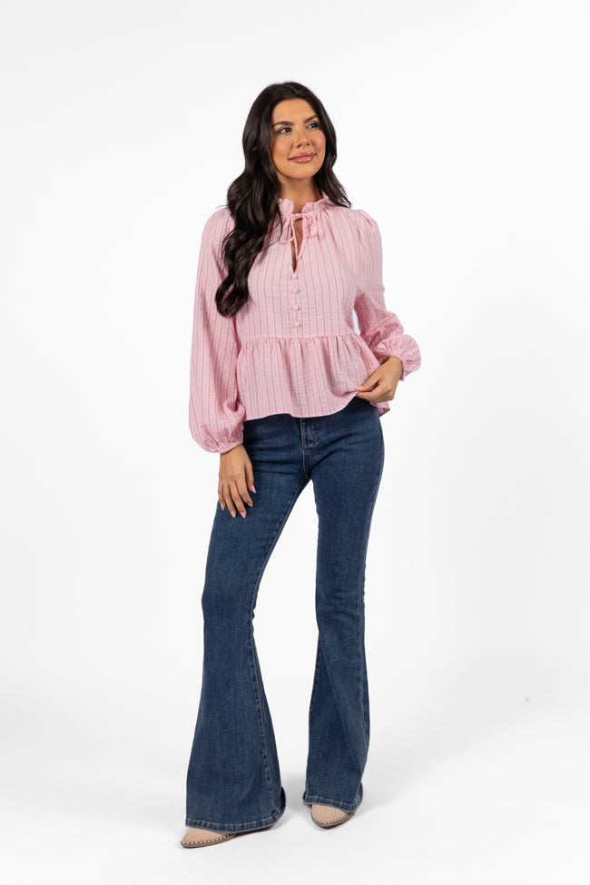 Oh My Darling Pink Stripe Notched Neckline Button Detail Peplum Blouse FINAL SALE-Sunny Prom