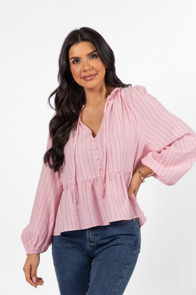 Oh My Darling Pink Stripe Notched Neckline Button Detail Peplum Blouse FINAL SALE-Sunny Prom