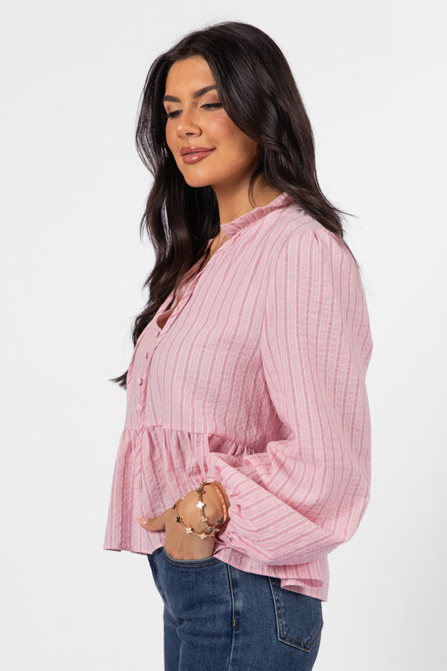 Oh My Darling Pink Stripe Notched Neckline Button Detail Peplum Blouse FINAL SALE-Sunny Prom
