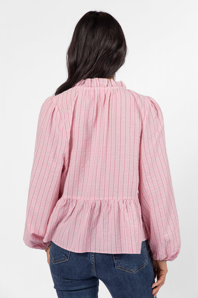 Oh My Darling Pink Stripe Notched Neckline Button Detail Peplum Blouse FINAL SALE-Sunny Prom