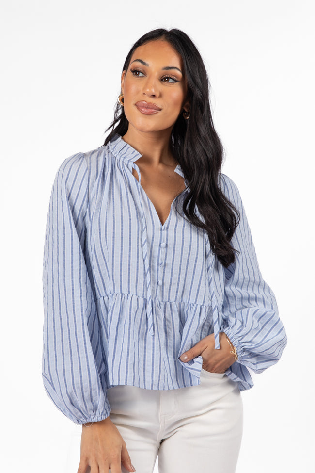 Oh My Darling Blue Stripe Notched Neckline Button Detail Peplum Blouse FINAL SALE-Sunny Prom