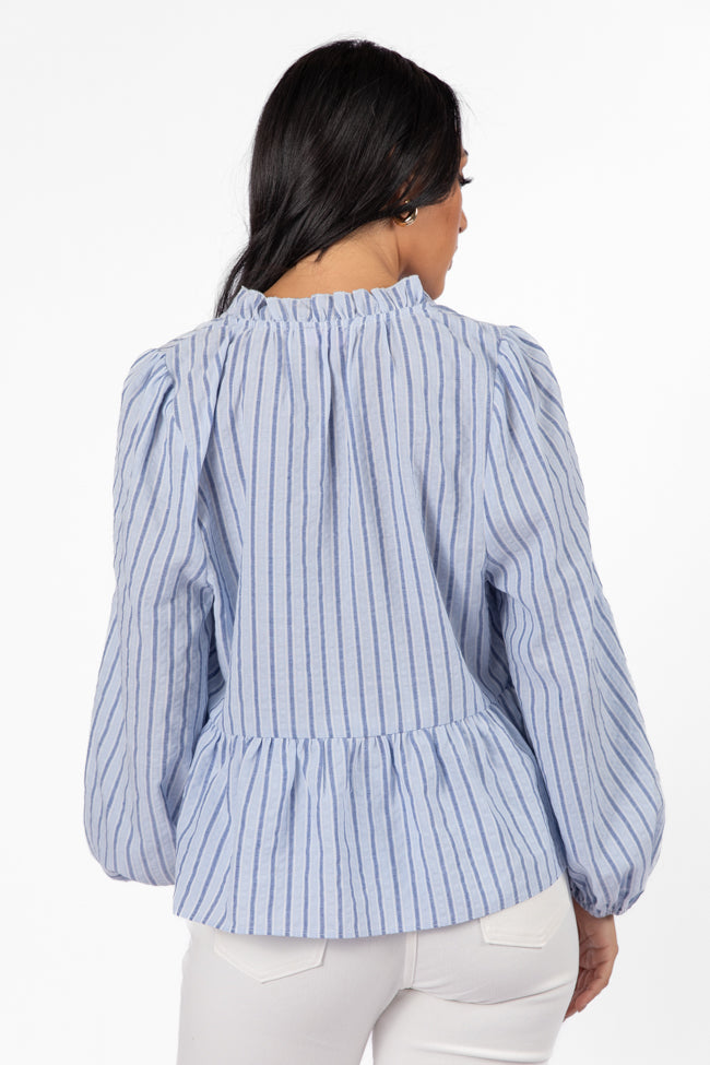 Oh My Darling Blue Stripe Notched Neckline Button Detail Peplum Blouse FINAL SALE-Sunny Prom