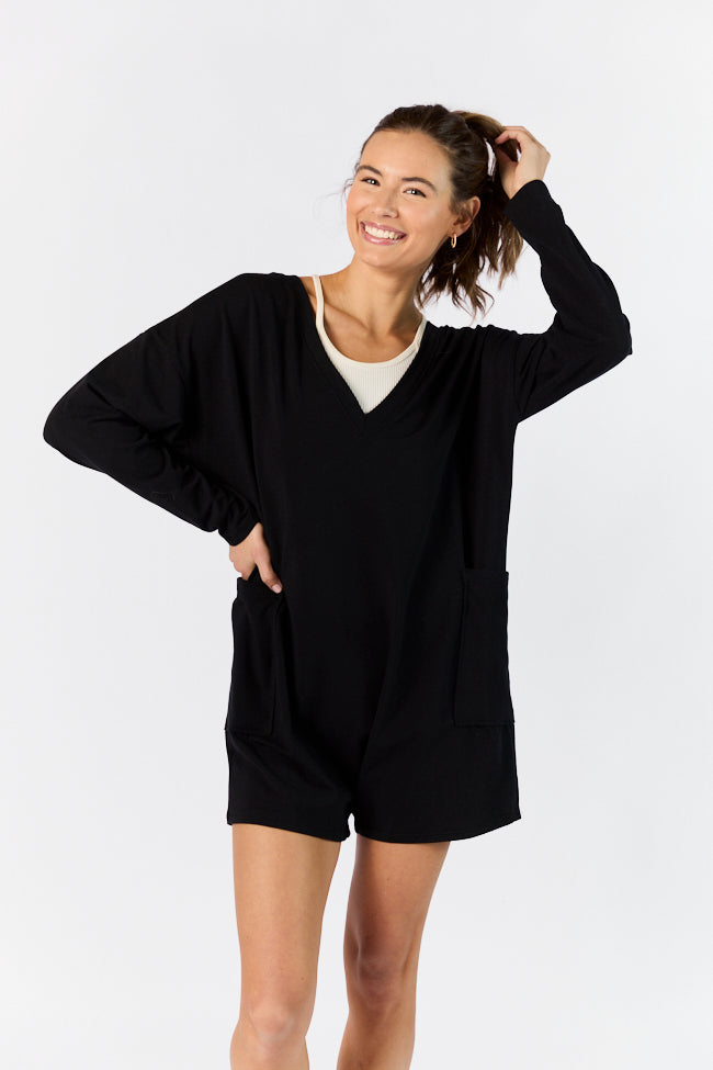 On A Daily Basis Black Deep V-Neck Pocketed Long Sleeve Romper FINAL SALE-Sunny Prom