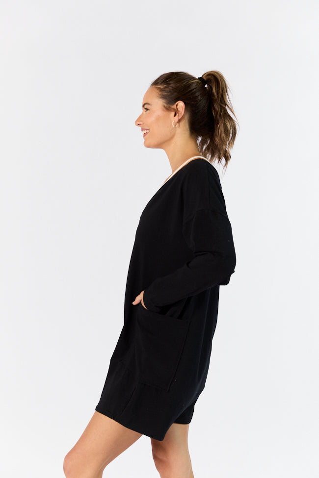 On A Daily Basis Black Deep V-Neck Pocketed Long Sleeve Romper FINAL SALE-Sunny Prom