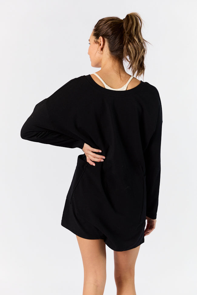 On A Daily Basis Black Deep V-Neck Pocketed Long Sleeve Romper FINAL SALE-Sunny Prom