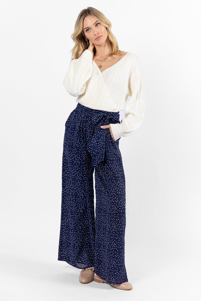 Over The Blues Navy Polka Dot Belted Wide Leg Pants FINAL SALE-Sunny Prom