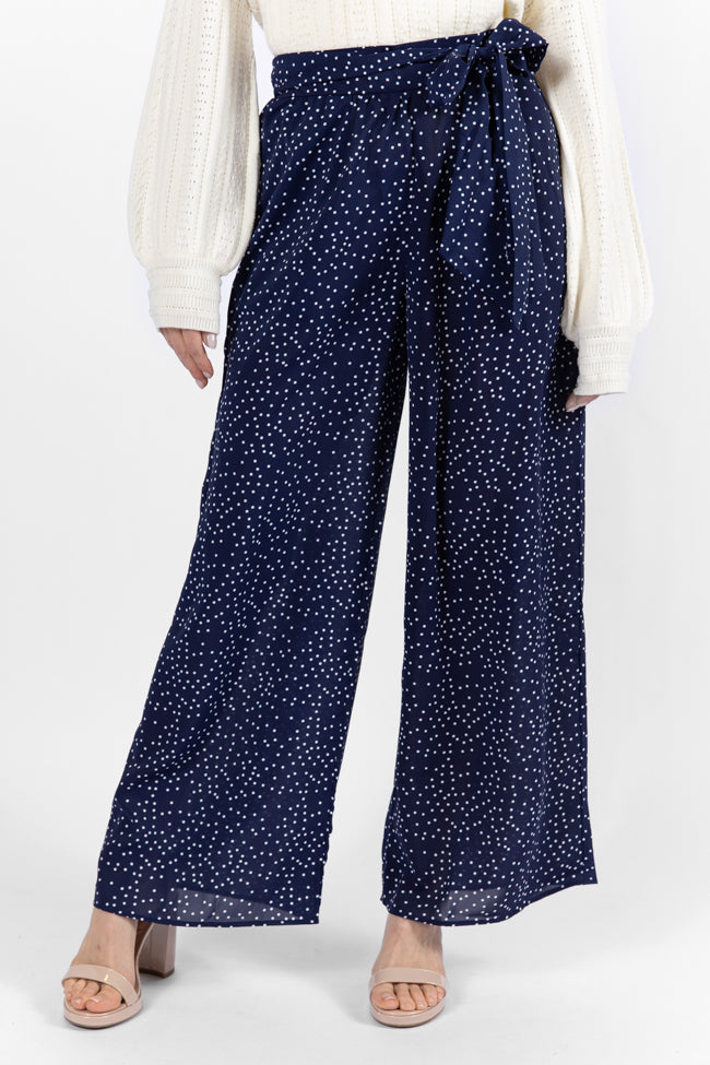 Over The Blues Navy Polka Dot Belted Wide Leg Pants FINAL SALE-Sunny Prom