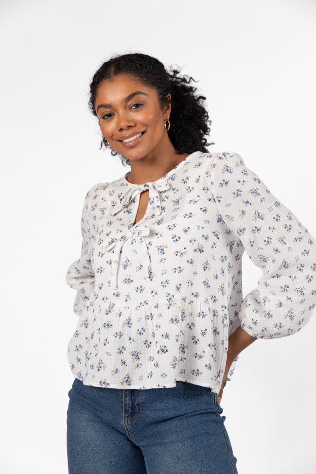 Close To Me Ivory and Blue Bow Detail Floral Blouse FINAL SALE-Sunny Prom