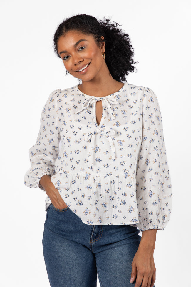 Close To Me Ivory and Blue Bow Detail Floral Blouse FINAL SALE-Sunny Prom