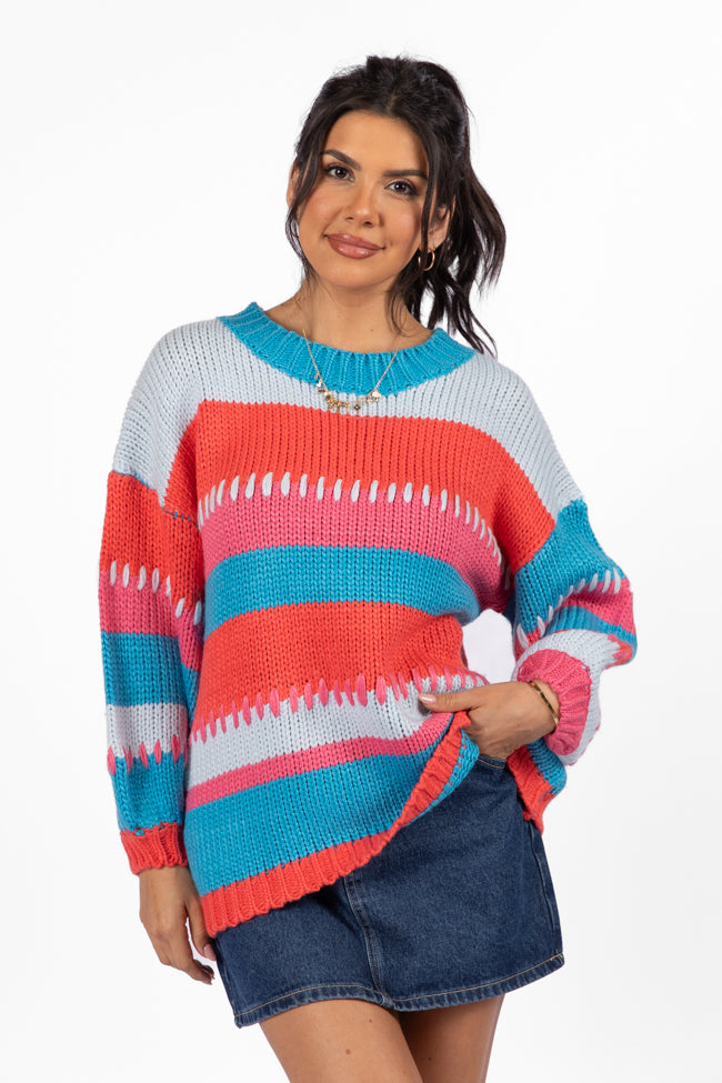 Something Extra Blue Multi Stripe Chunky Knit Stitch Detail Sweater FINAL SALE-Sunny Prom