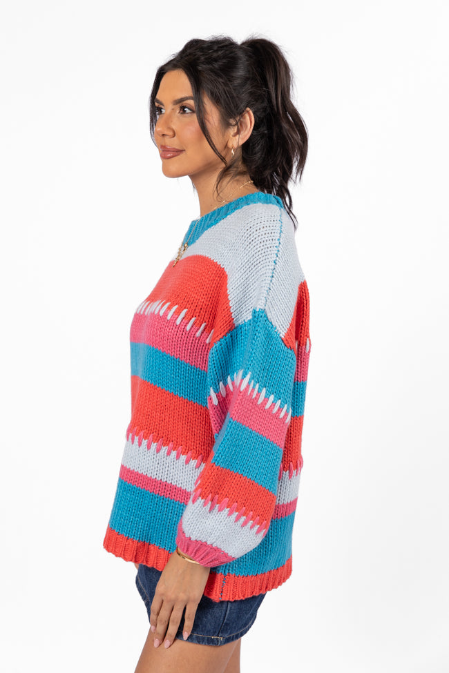 Something Extra Blue Multi Stripe Chunky Knit Stitch Detail Sweater FINAL SALE-Sunny Prom
