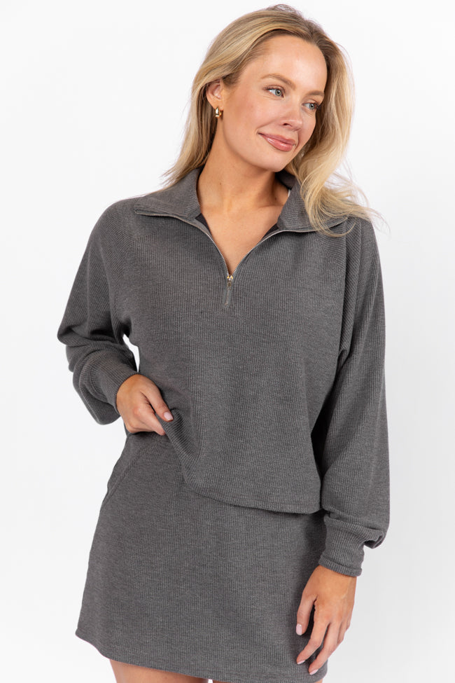 Tried It All Charcoal Quarter Zip Ribbed Knit Pullover FINAL SALE-Sunny Prom