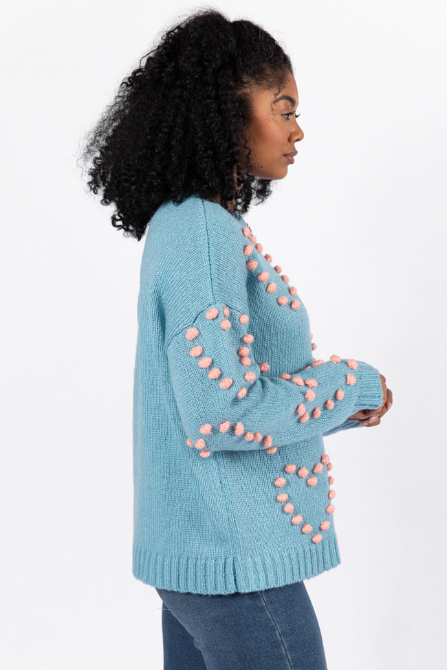 Adore You Blue and Pink Oversized Heart Pom Sweater FINAL SALE-Sunny Prom