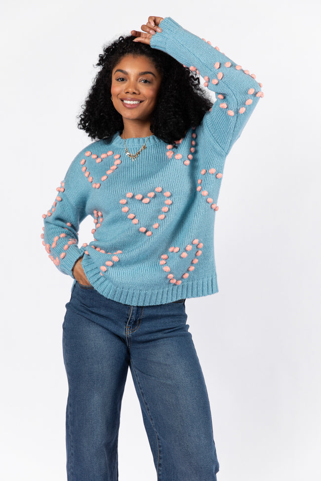 Adore You Blue and Pink Oversized Heart Pom Sweater FINAL SALE-Sunny Prom